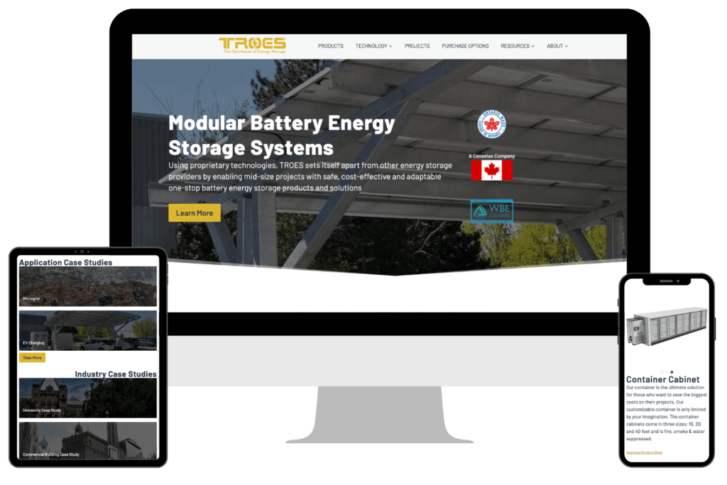A visual of the TROES Corp. website shown on a desktop, tablet, and phone mockup